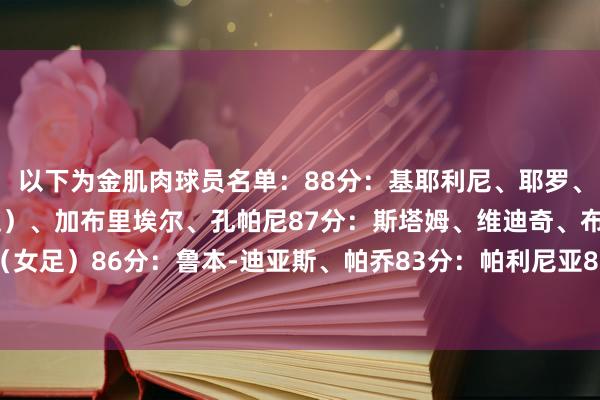 以下为金肌肉球员名单：88分：基耶利尼、耶罗、伊蕾妮-帕雷德斯（女足）、加布里埃尔、孔帕尼87分：斯塔姆、维迪奇、布莱特（女足）86分：鲁本-迪亚斯、帕乔83分：帕利尼亚82分：埃姆雷-詹    体育赛事直播