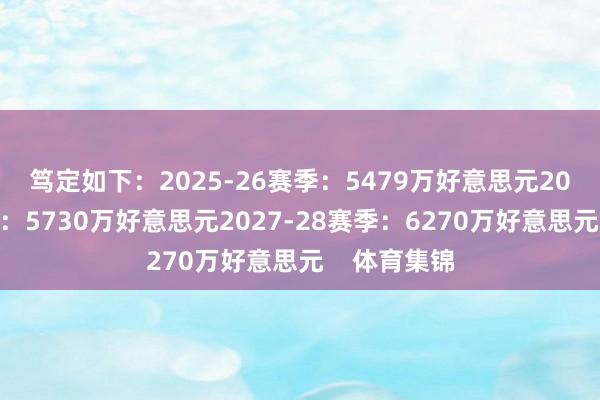 笃定如下：　　2025-26赛季：5479万好意思元　　2026-27赛季：5730万好意思元　　2027-28赛季：6270万好意思元    体育集锦