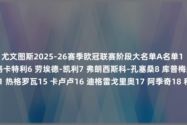 尤文图斯2025-26赛季欧冠联赛阶段大名单A名单1 佩林3 布雷默4 加蒂5 洛卡特利6 劳埃德-凯利7 弗朗西斯科-孔塞桑8 库普梅纳斯9 弗拉霍维奇11 热格罗瓦15 卡卢卢16 迪格雷戈里奥17 阿季奇18 科斯蒂奇19 凯夫伦-图拉姆20 奥蓬达21 米雷蒂22 麦肯尼23 平索利奥24 鲁加尼25 若昂-马里奥27 安德烈亚-坎比亚索30 乔纳森-戴维32 卡瓦尔B名单10 伊尔迪兹40 鲁希41 哈维尔-希尔42 斯卡利亚43 富斯卡尔多47 布鲁诺-马丁内斯体育集锦